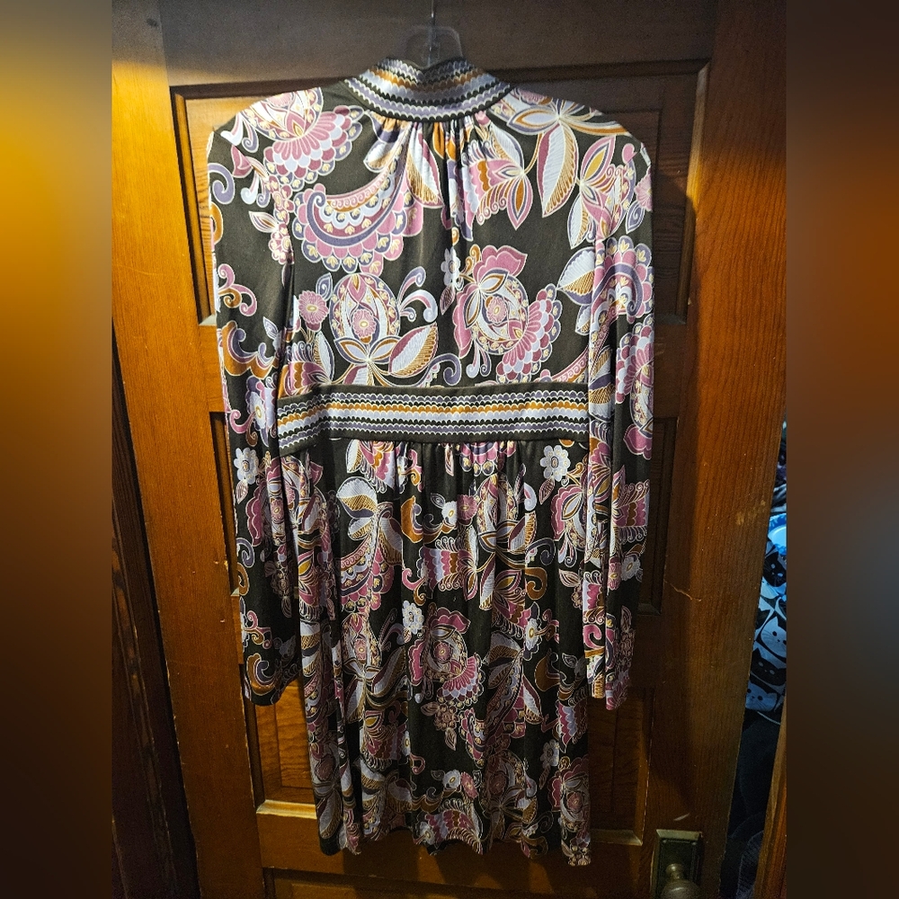 Trina Turk 100% Silk Brown And Pink Paisley Print Long Sleeve Dress